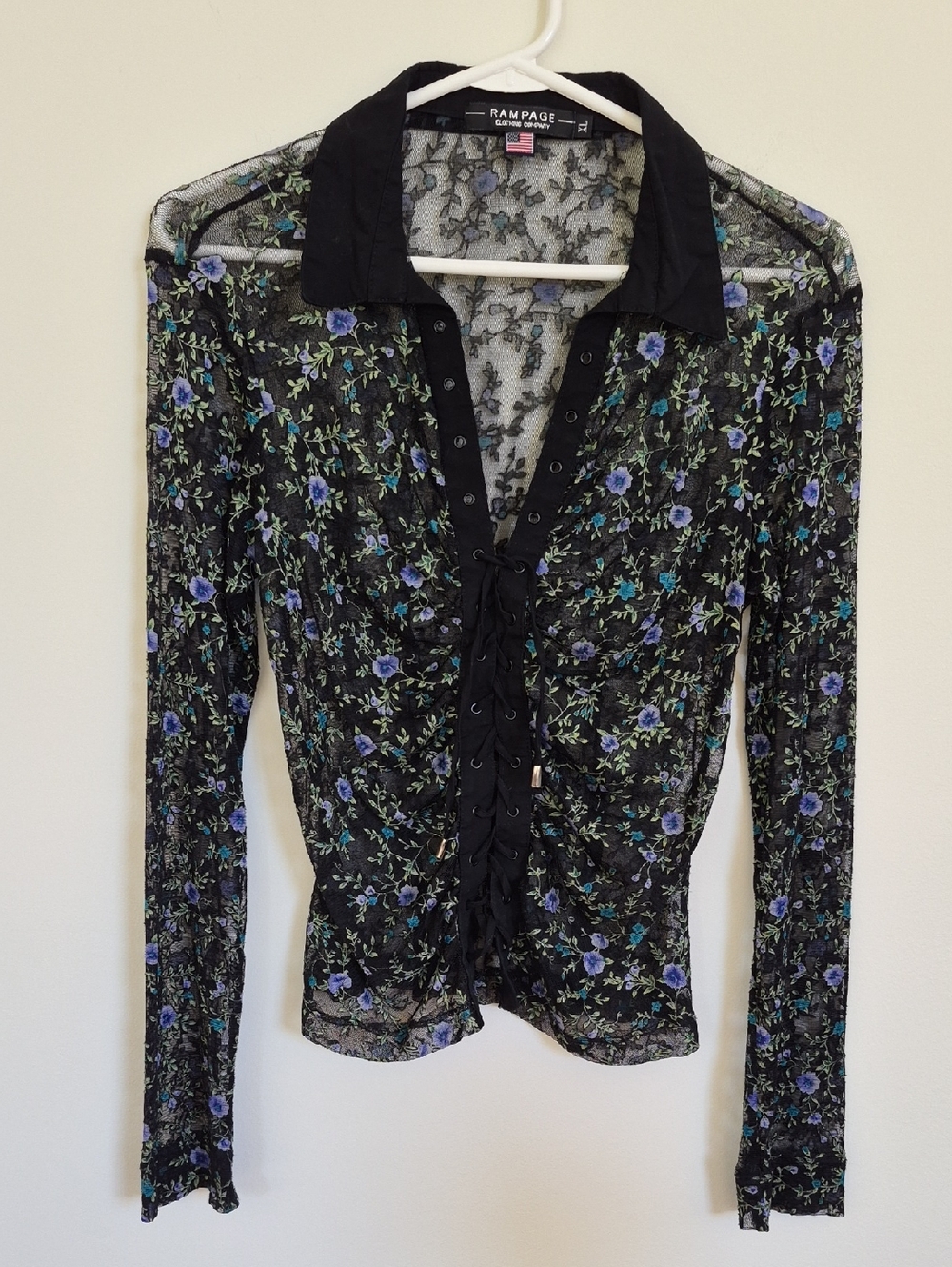 Rampage Black Sheer Lace-Up Floral Blouse with Blue Flowers Womens/Junior XL